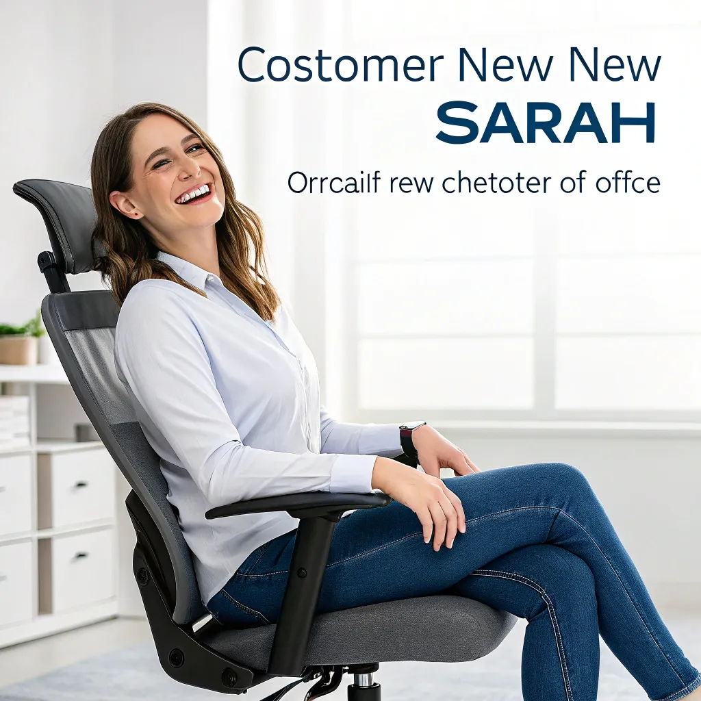 Smiling customer Sarah with a new office chair