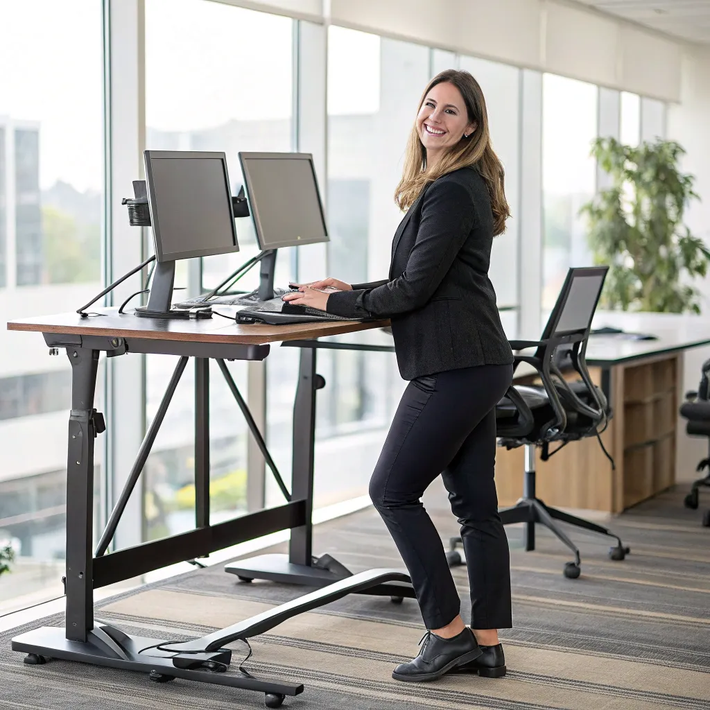 Rachel standing beside her ergonomic workstation